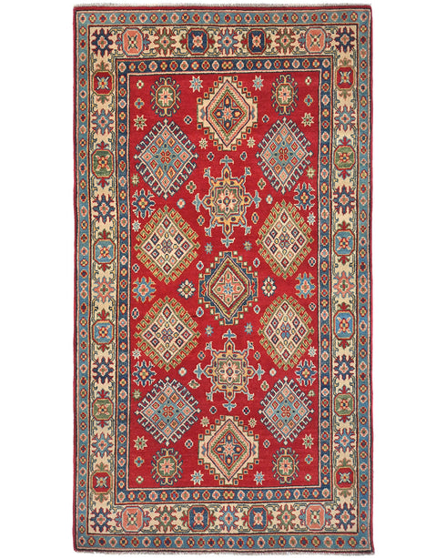 4x7 Red Kuba Afghan Hand Knotted Wool Area Rug